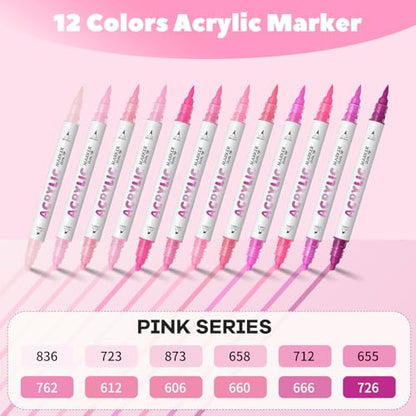 Pink Acrylic Paint Pens, Water Based 12 Colors Dual Tip - color: Pink Series