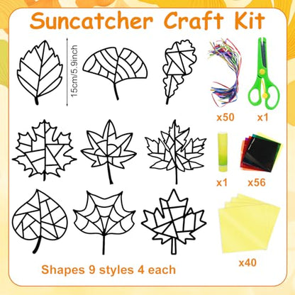 EggSun 36 Sets Fall Thanksgiving Maple Leaf Suncatchers Craft Kit for Kids Ornaments Stained Glass Window Arts and Crafts Kit for Classroom Holiday Projects Home Party Favors Decorations Ages 4 8 12 - style: Fall Maple Leaf