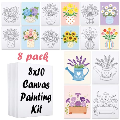 8 Pack Pre Drawn Canvas Painting Kits for Adults Sip and Paint Kit - size: 8x10, style: Floral Pattern,without Frame