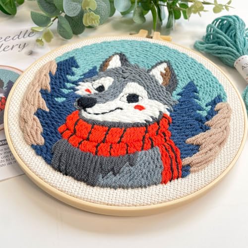 Myfelicity Punch Needle kit, a Beginner Set with Wolf Pattern Design, Suitable for Beginners and Adults with 7.9-inch Hoop - color: wolf