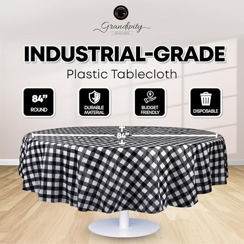 Grandipity Plastic Table Cloth Disposable 12 Pack 84" Round Gingham - color: Black Gingham, size: 84in. Round