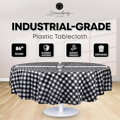 Grandipity Plastic Table Cloth Disposable 12 Pack 84" Round Gingham - color: Black Gingham, size: 84in. Round