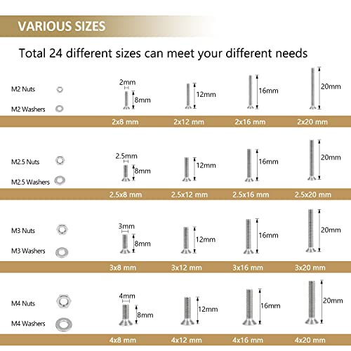 1285 Pieces M2 M2.5 M3 M4 Phillips Countersunk Head Machine Screws Nuts Washers Assortment Kit, 304 Stainless Steel, Fully Machine Thread - size: M2 M2.5 M3 M4, style: Phillips Countersunk Head