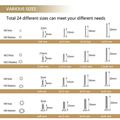1285 Pieces M2 M2.5 M3 M4 Phillips Countersunk Head Machine Screws Nuts Washers Assortment Kit, 304 Stainless Steel, Fully Machine Thread - size: M2 M2.5 M3 M4, style: Phillips Countersunk Head