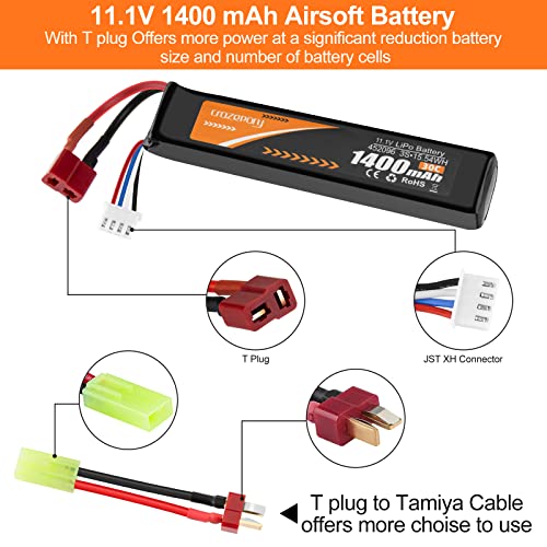 Airsoft Battery 11.1V 1400mAh 30C LiPo with T Plug to Mini Tamiya Cable