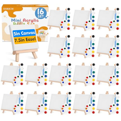 ESRICH 16 Set Mini Acrylic Paint Kit, 5in Mini Canvas with 7.5in Easel - size: 16 set 5 x 5 inches
