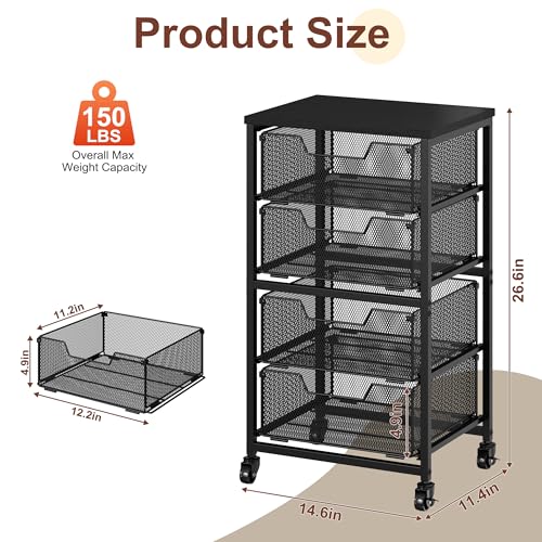 Rolling Cart with Drawers, Utility Storage Cart with Lockable Wheels, Metal snack cart, Under Desk Storage for Office, Kitchen, Craft, and Art Supplies, Black