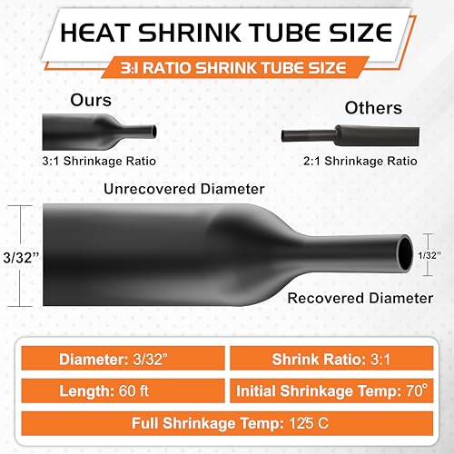 3/32" 2.4mm HELIXAL 3:1 Heat Shrink Tubing Adhesive Dual Wall 60ft Roll - color: 3:1 - Black - Large, size: 3/32" - 60 Feet