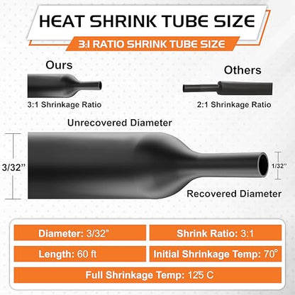 3/32" 2.4mm HELIXAL 3:1 Heat Shrink Tubing Adhesive Dual Wall 60ft Roll - color: 3:1 - Black - Large, size: 3/32" - 60 Feet