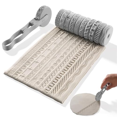 Conderyang 10Pcs 3D Printed Clay Texture Roller Clay Roller with Handle