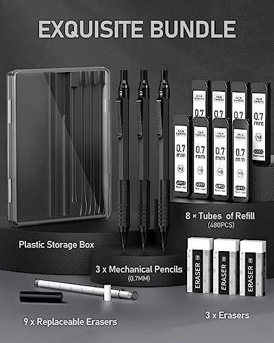 Four Candies Metal Mechanical Pencil Set with Case, 0.7mm, 3-Pack, Black - color: Black, style: 0.7 MM