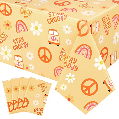 Tegeme 4 Pack Groovy Hippie Tablecloths for Theme Party, 54 x 108 Inch - size: 54 x 108 Inch
