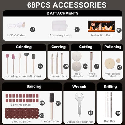 Cordless Rotary Tool, 3.7V Li-ion Electric DIY Mini Grinder Kit with Front LED Work Light, 6 Variable Speed, 68pcs Accessories USB Charging Multi-Tool with Universal Chuck Perfect for Light Duty