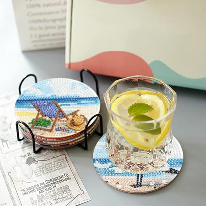 askkqtx 8 Pcs Beach Diamond Art Coasters Kits with Holder 4X4 Inch - color: BDWY355