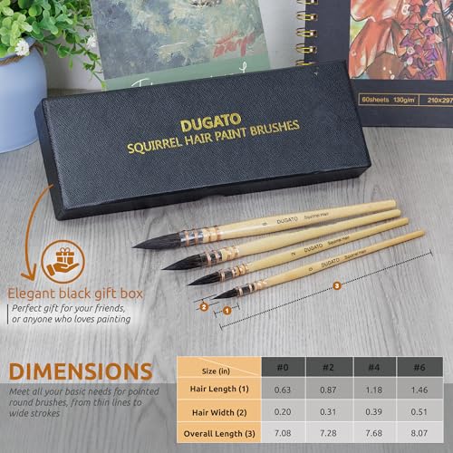 DUGATO Squirrel Hair Watercolor Paint Brushes, Mop Round Tip Brush, 4-Piece - color: 4 Brushes - Set
