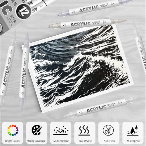 White Gray Acrylic Paint Pens, Water Based 12 Colors Dual Tip - color: White Gray Series