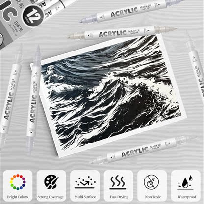 White Gray Acrylic Paint Pens, Water Based 12 Colors Dual Tip - color: White Gray Series