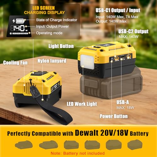 140W USB Battery Charger Compatible with DeWalt 20V Battery - color: Yellow