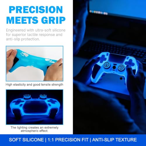 2 Pack Glow in the Dark Controller Skin Silicone Grip Protective Case Cover and 4 Thumb Grips caps Accessories. (2 Pack Glow Blue Black) - color: 2 Pack Glow Blue Black