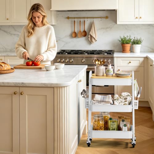 3 Tier Rolling Cart with Table top, Metal Utility Cart with DIY Pegboard - color: White With Pegboard