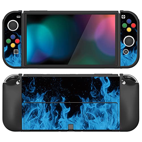 PlayVital ZealProtect Soft Protective Case for Nintendo Switch OLED, Flexible Protector Joycon Grip Cover for Nintendo Switch OLED with Thumb Grip Caps & ABXY Direction Button Caps - Blue Flame - color: Blue Flame