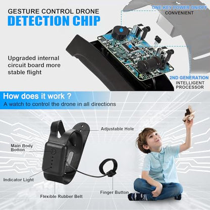 Gesture Control Drone Rc Quadcopter Aircraft Hand Sensor Drone with Smart Watch Controlled, 2 batteries, 360° Flips, Led Light, 3 Modes, 2 USB Cables, Best Gift for Kid