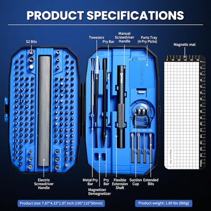 153PCS Precision Electric Screwdriver Set,Mini Magnetic Repair Kit with 140 S2 Bits,Rechargeable 3-Speed Electric Screwdriver,Manual&Electric Dual Mode,LED Light for iPhone,Laptop,PC,Electronics - color: Blue, size: Electric