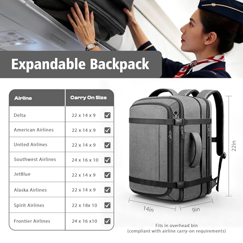Carry On Backpack,Expandable Large 1-7DAYS Capacity Travel Backpack,Grey - color: Grey, size: 18.4inch (22"x14"x5.5")