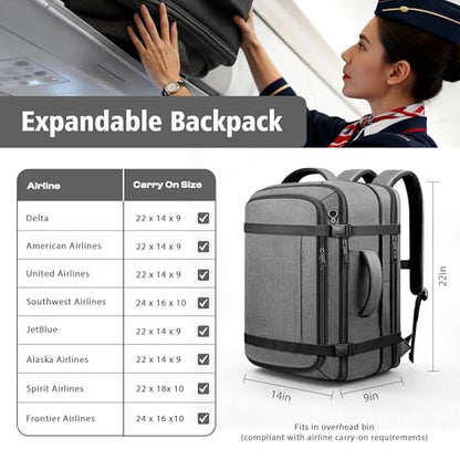 Carry On Backpack,Expandable Large 1-7DAYS Capacity Travel Backpack,Grey - color: Grey, size: 18.4inch (22"x14"x5.5")