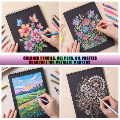 Black Sketch Pad 7.6 × 10 in, 30 Sheets, Spiral Bound Black Sketchbook - size: 7.6×10 Inch (1 pack)