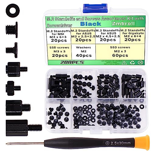 200Pcs M.2 Screw Kit - Black M2 SSD Mounting Screws for NVMe Laptops, Asus, Gigabyte, MSI Motherboards