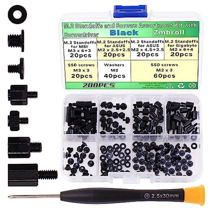 200Pcs M.2 Screw Kit - Black M2 SSD Mounting Screws for NVMe Laptops, Asus, Gigabyte, MSI Motherboards
