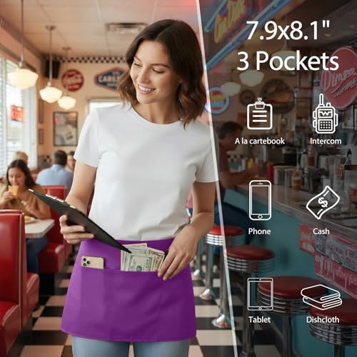 BOHARERS Waist Purple Apron with 3 Pockets - Black Waitress Server Short Apron - color: 1 Pack Purple