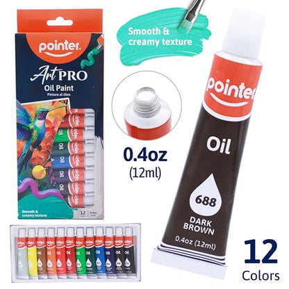 Pointer ArtPRO Oil Paint Set, 12 Colors, 0.4oz Tubes, Smooth Creamy Texture for Canvas and Fine Art