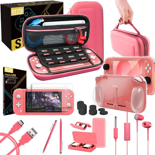 Orzly Accessories Bundle Compatible for use with Nintendo Switch Lite - Protective Case & Screen Protector, USB Cable, Games Holder, Grip Case, Headphones, Thumb-Grip Pack & More (Coral) - color: Coral