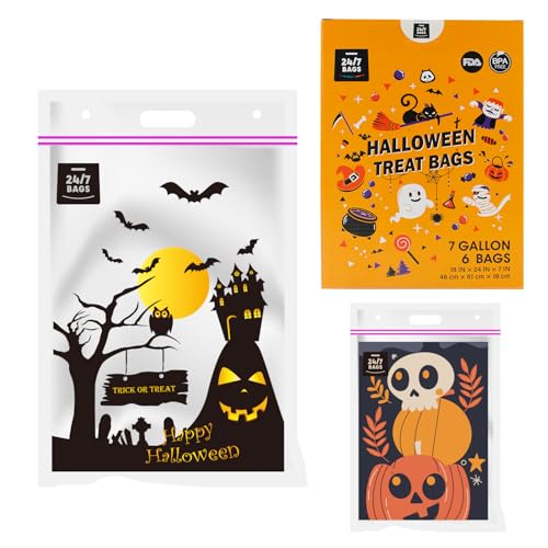 6 X-Large Halloween Plastic Storage Bags, 7 Gallons, Zero BPA, Double Layer Carry Handle, 18"x24"x7" - size: 7 GALLONS HALLOWEEN PRINT