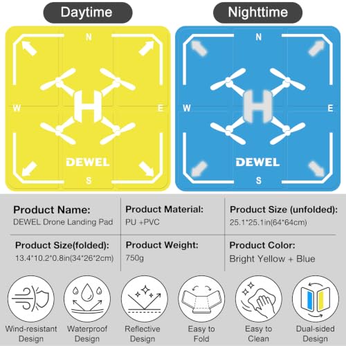 DEWEL 25 Inch Drone Landing Pad, Weighted Fast Fold Waterproof PU Drone Pad - color: 64CM(Yellow/Blue)