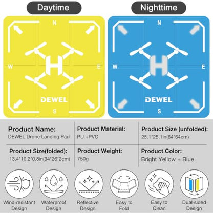 DEWEL 25 Inch Drone Landing Pad, Weighted Fast Fold Waterproof PU Drone Pad - color: 64CM(Yellow/Blue)