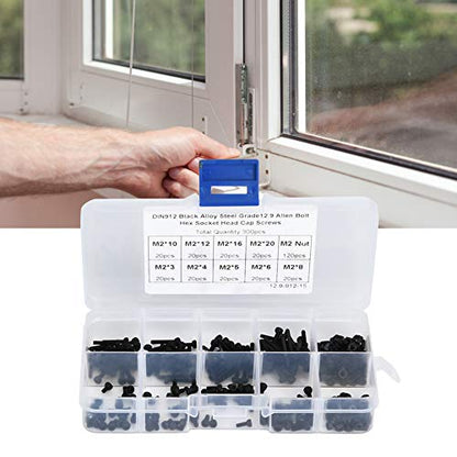 300PCS M2 x 3-20mm 12.9 Grade Black Hex Socket Screw Bolt and Nut Kit Alloy Steel Button Head Socket Bolts