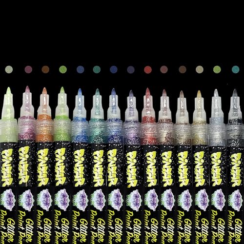 PINTAR Glitter Acrylic Paint Pens, 14 Pack Extra Fine 0.7mm Tip — Sparkle Multi‑Surface Paint Markers for Rock Painting, Glass, Ceramic, Wood, Leather, Fabric, Paper - style: Glitter (Pack of 14)