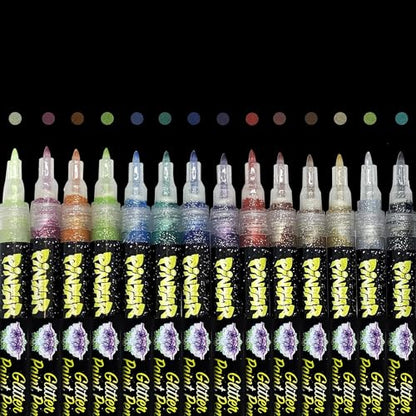 PINTAR Glitter Acrylic Paint Pens, 14 Pack Extra Fine 0.7mm Tip — Sparkle Multi‑Surface Paint Markers for Rock Painting, Glass, Ceramic, Wood, Leather, Fabric, Paper - style: Glitter (Pack of 14)