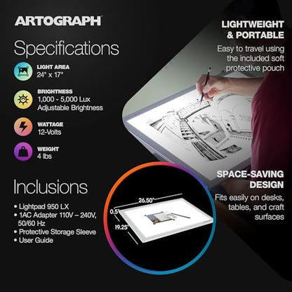 Artograph LightPad 950 LX Thin Dimmable 24x17 Inch Artist Light Box with UV Free LED Light for Tracing, Drawing, and Patterns, Silver - size: 24" x 17"