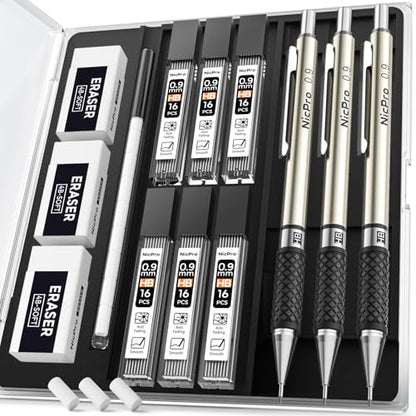 Nicpro 0.9 mm Art Mechanical Pencil Set in Storage Case, 3 PCS - style: 3 Pack (0.9mm)