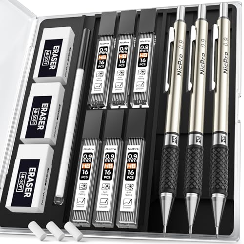 Nicpro 0.9 mm Art Mechanical Pencil Set in Storage Case, 3 PCS - style: 3 Pack (0.9mm)