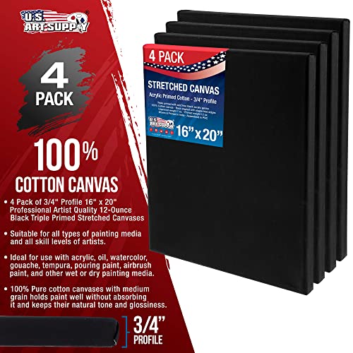 U.S. Art Supply 16"x20" Black Stretched Canvas for Painting, 3/4", 4-Pack - size: 16" x 20"