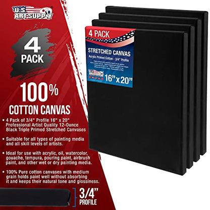 U.S. Art Supply 16"x20" Black Stretched Canvas for Painting, 3/4", 4-Pack - size: 16" x 20"