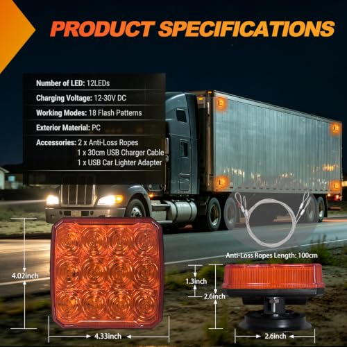 Nilight Magnetic Strobe Lights 2PCS Amber 12 LED Rechargeable Warning - color: 12LED 18Modes Amber