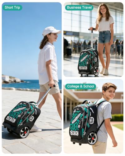 NEW TILAMI 19 Inch Rolling Backpack for School Stair-Climbing Big Wheel - color: Green Surf Rider