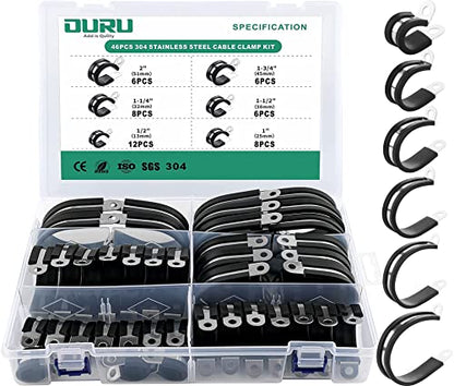 OURU 46PCS Cable Clamps Assortment Kit,Rubber Coated, 1/2"-2" 6 Sizes - size: 46pcs - 1/2", 1", 1-1/4", 1-1/2", 1-3/4", 2"