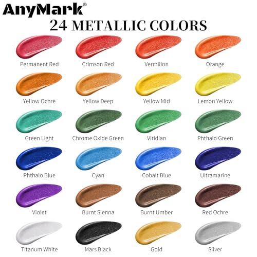 AnyMark Metallic Acrylic Paint, 24 Colors Acrylic Paint Set with 10 Brushes - color: Metallic